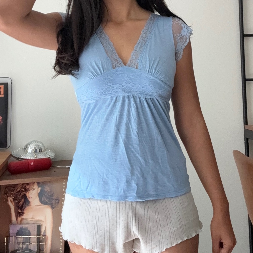 Belle du Jour Light Blue Lace Trim Babydoll Tie Back Top Small Rayon Linen Slub
